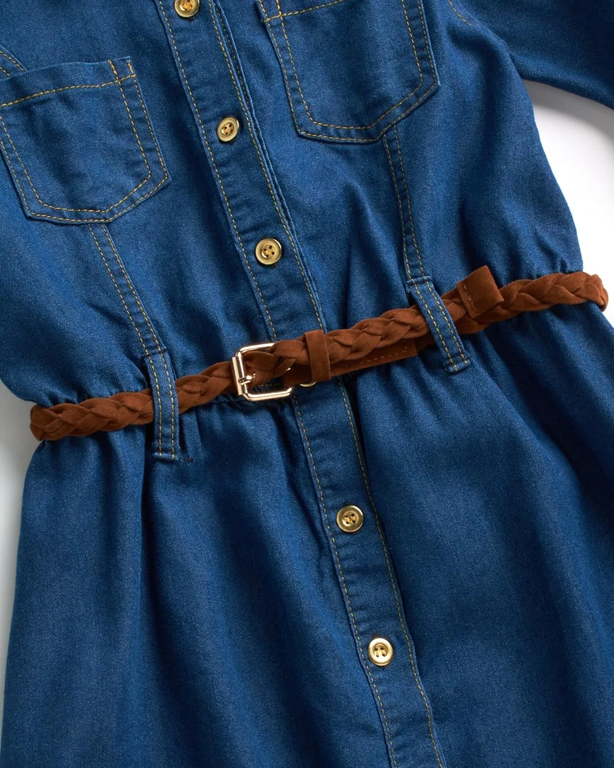 dollhouse Girls' Denim Dress - Casual Long Sleeve Jean Dress for Girls - Button Down Blue Knee Level Dresses for Girls (7-16)
