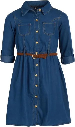 dollhouse Girls' Denim Dress - Casual Long Sleeve Jean Dress for Girls - Button Down Blue Knee Level Dresses for Girls (7-16)