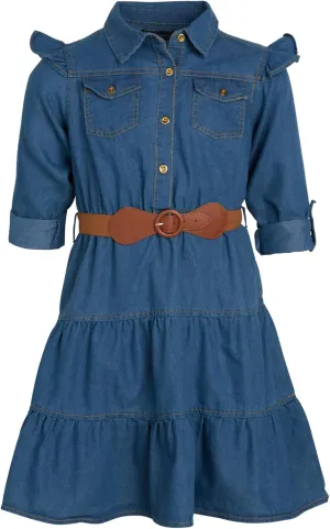 dollhouse Girls' Denim Dress - Casual Long Sleeve Jean Dress for Girls - Button Down Blue Knee Level Dresses for Girls (7-16)