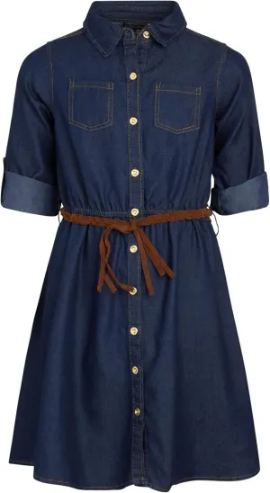 dollhouse Girls' Denim Dress - Casual Long Sleeve Jean Dress for Girls - Button Down Blue Knee Level Dresses for Girls (7-16)
