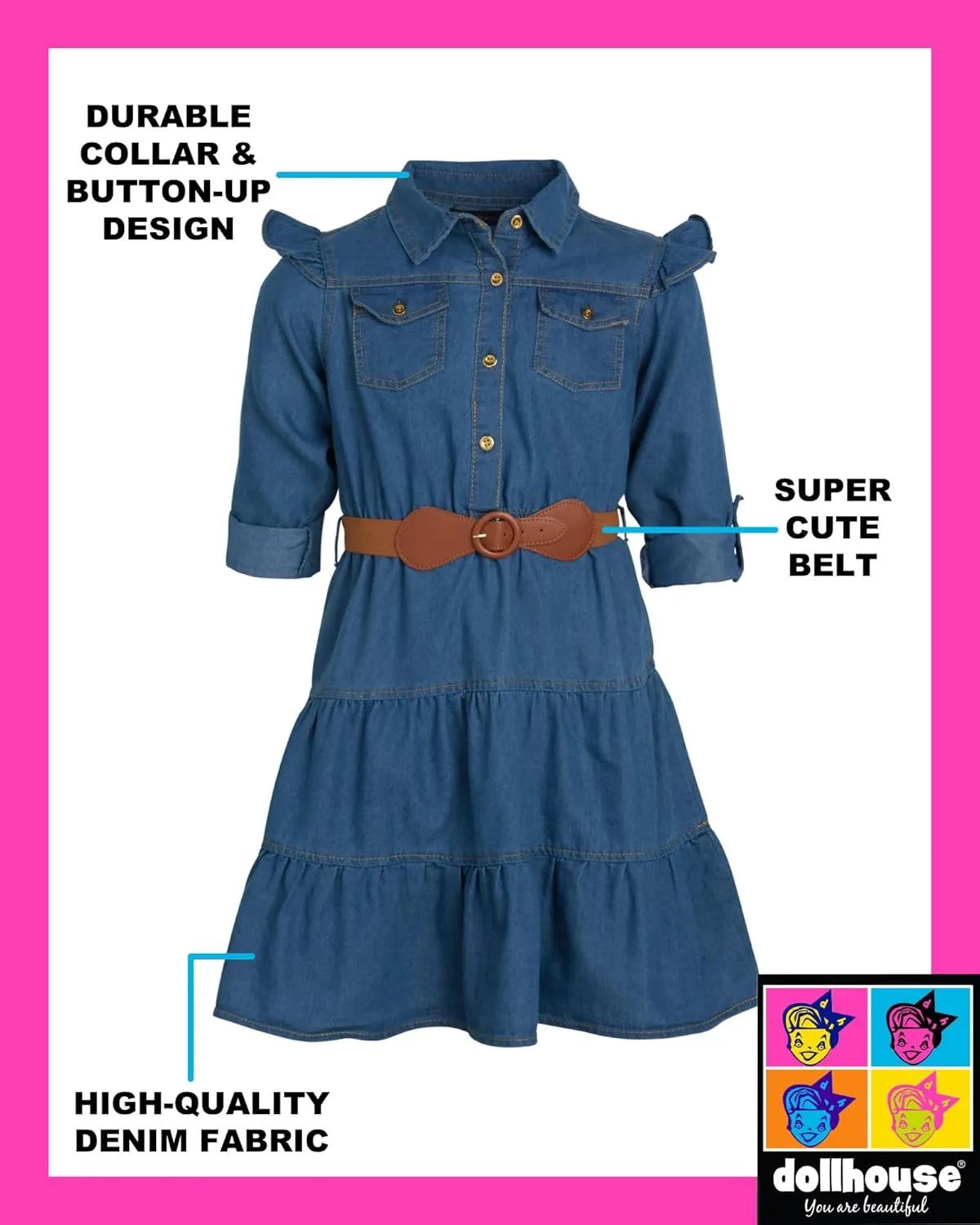 dollhouse Girls' Denim Dress - Casual Long Sleeve Jean Dress for Girls - Button Down Blue Knee Level Dresses for Girls (7-16)