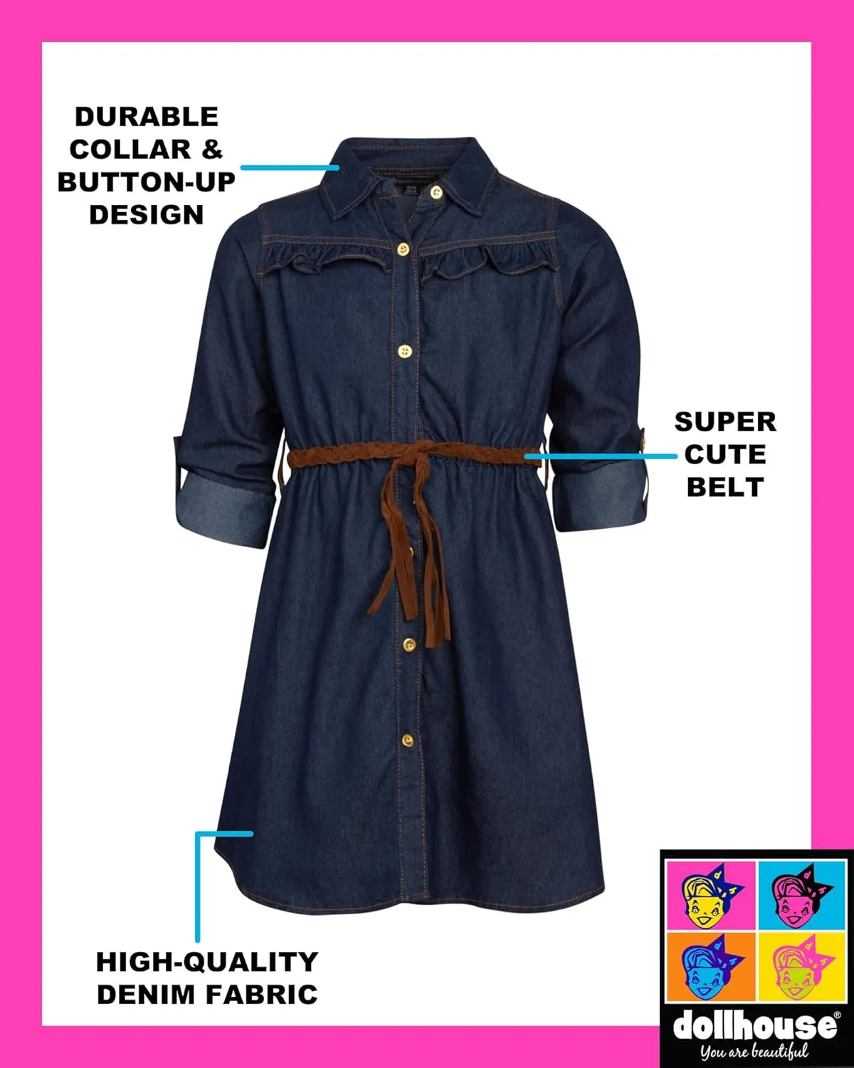 dollhouse Girls' Denim Dress - Casual Long Sleeve Jean Dress for Girls - Button Down Blue Knee Level Dresses for Girls (7-16)