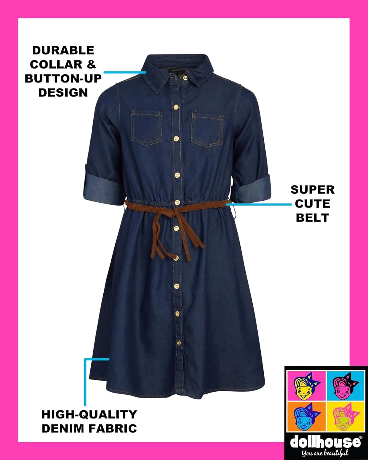 dollhouse Girls' Denim Dress - Casual Long Sleeve Jean Dress for Girls - Button Down Blue Knee Level Dresses for Girls (7-16)