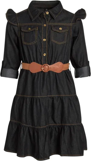 dollhouse Girls' Denim Dress - Casual Long Sleeve Jean Dress for Girls - Button Down Blue Knee Level Dresses for Girls (7-16)