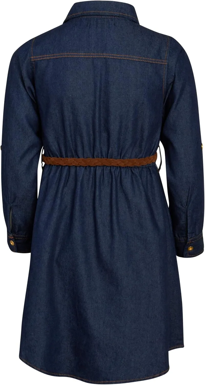 dollhouse Girls' Denim Dress - Casual Long Sleeve Jean Dress for Girls - Button Down Blue Knee Level Dresses for Girls (7-16)
