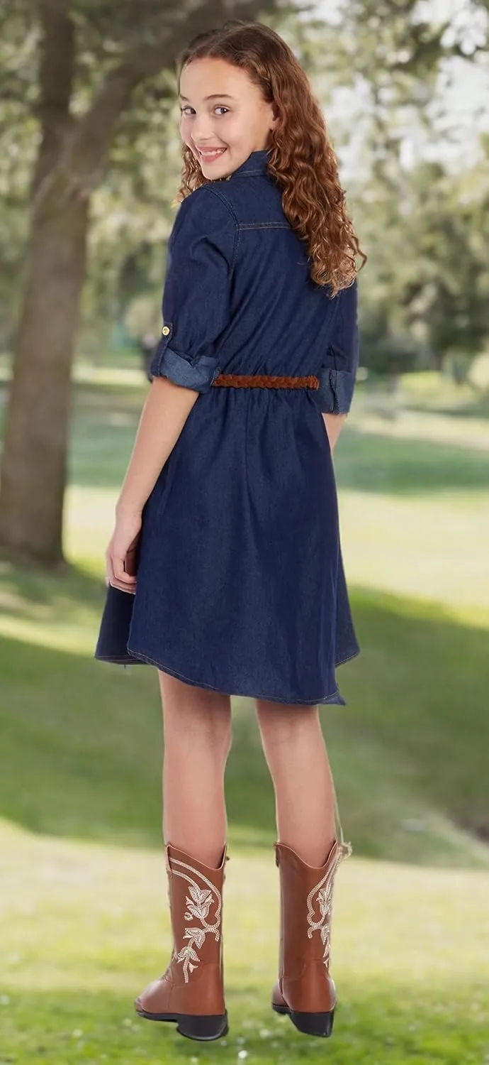dollhouse Girls' Denim Dress - Casual Long Sleeve Jean Dress for Girls - Button Down Blue Knee Level Dresses for Girls (7-16)