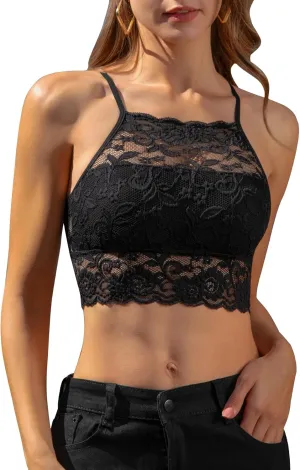 DotVol High-Neck Lace Bralette for Women Racerback Floral Crop Top Vest Bra