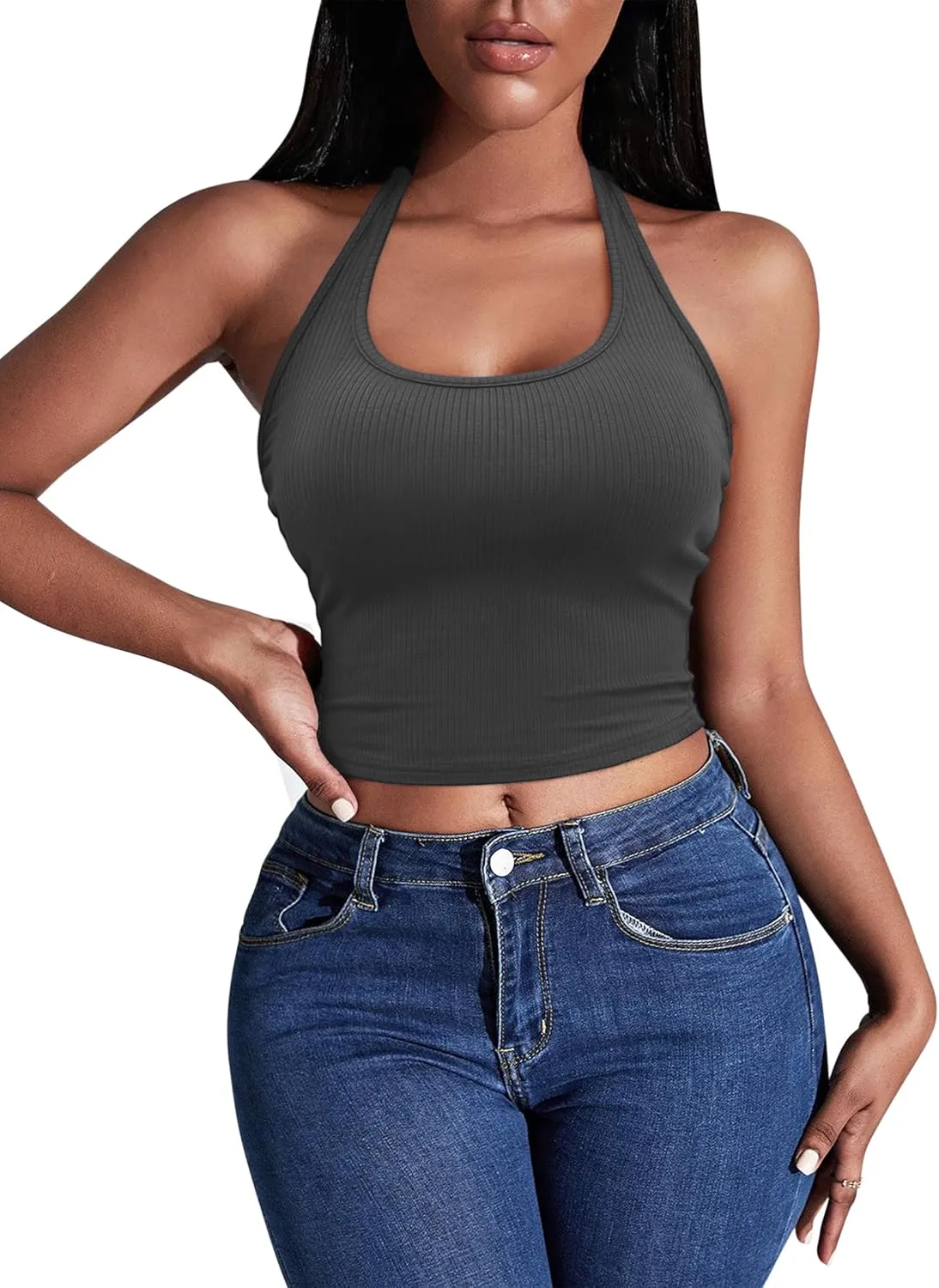 Ekouaer Women Halter Top Backless Scroop Neck Slim Stretchy Ribbed Knit Camisole Crop Tops S-XXL