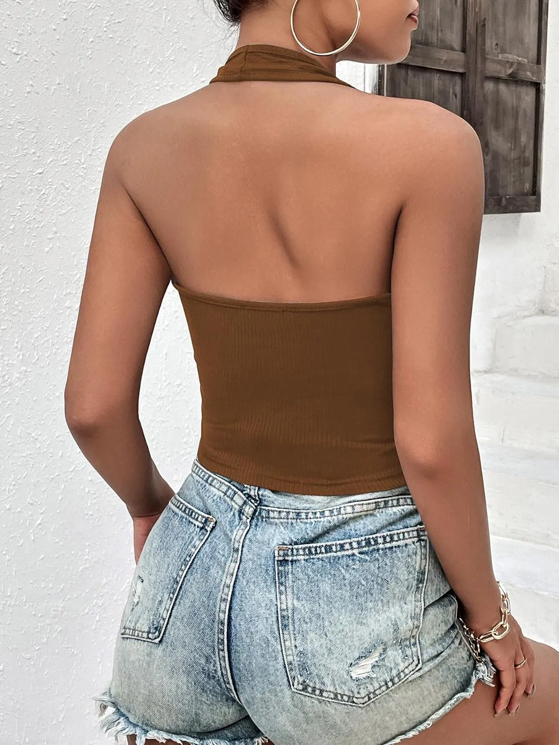Ekouaer Women Halter Top Backless Scroop Neck Slim Stretchy Ribbed Knit Camisole Crop Tops S-XXL