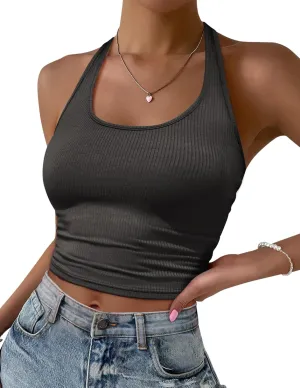 Ekouaer Women Halter Top Backless Scroop Neck Slim Stretchy Ribbed Knit Camisole Crop Tops S-XXL