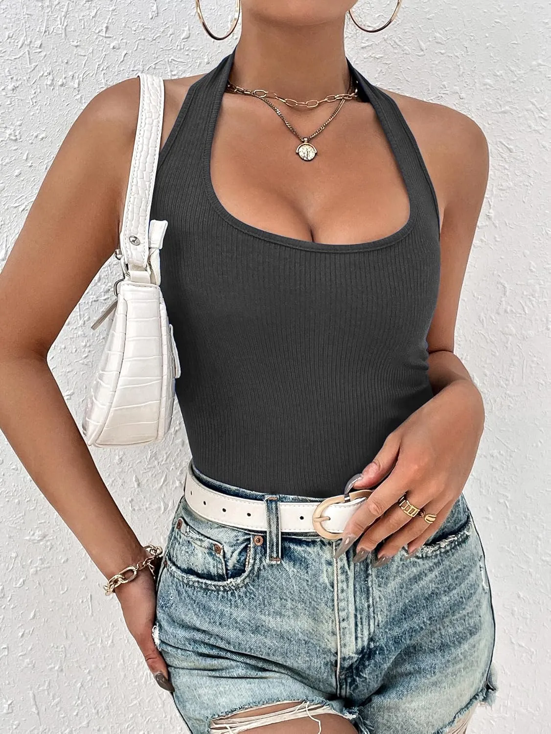 Ekouaer Women Halter Top Backless Scroop Neck Slim Stretchy Ribbed Knit Camisole Crop Tops S-XXL