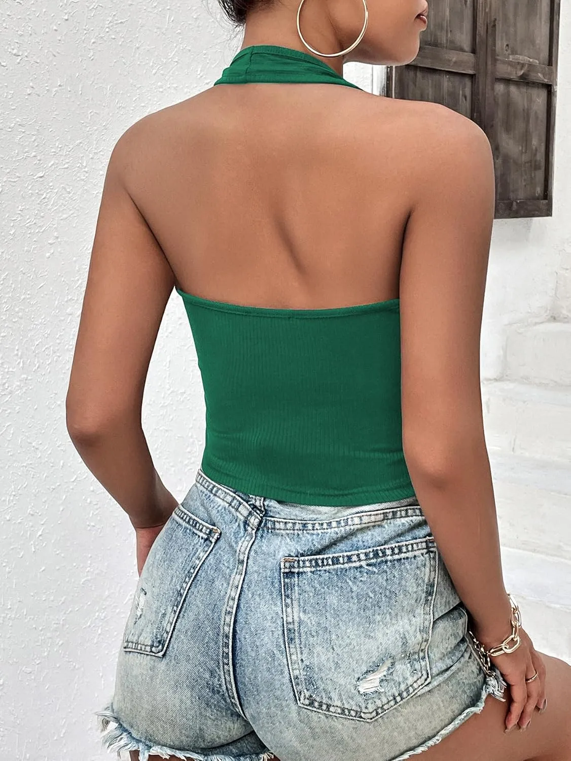 Ekouaer Women Halter Top Backless Scroop Neck Slim Stretchy Ribbed Knit Camisole Crop Tops S-XXL