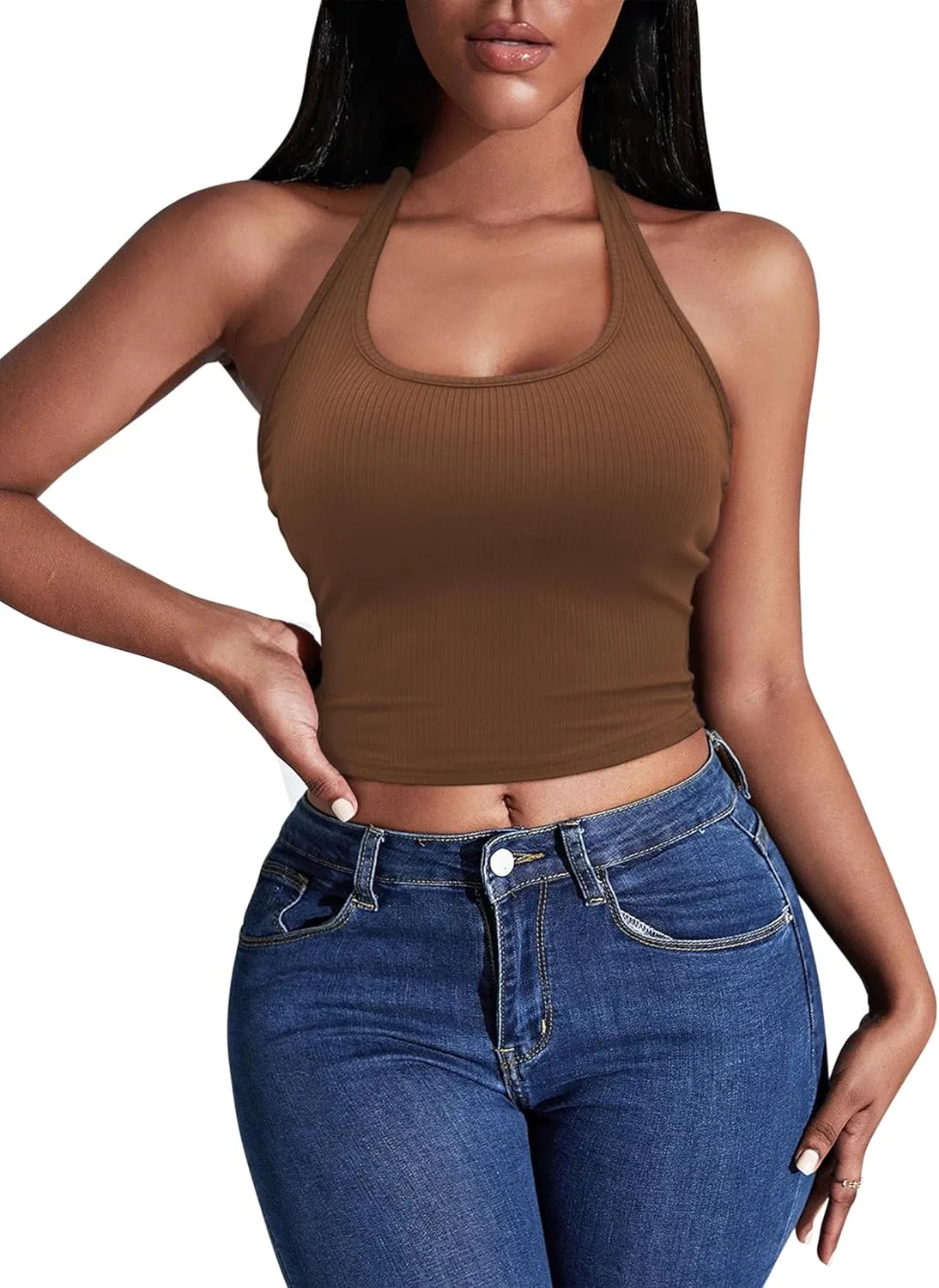 Ekouaer Women Halter Top Backless Scroop Neck Slim Stretchy Ribbed Knit Camisole Crop Tops S-XXL