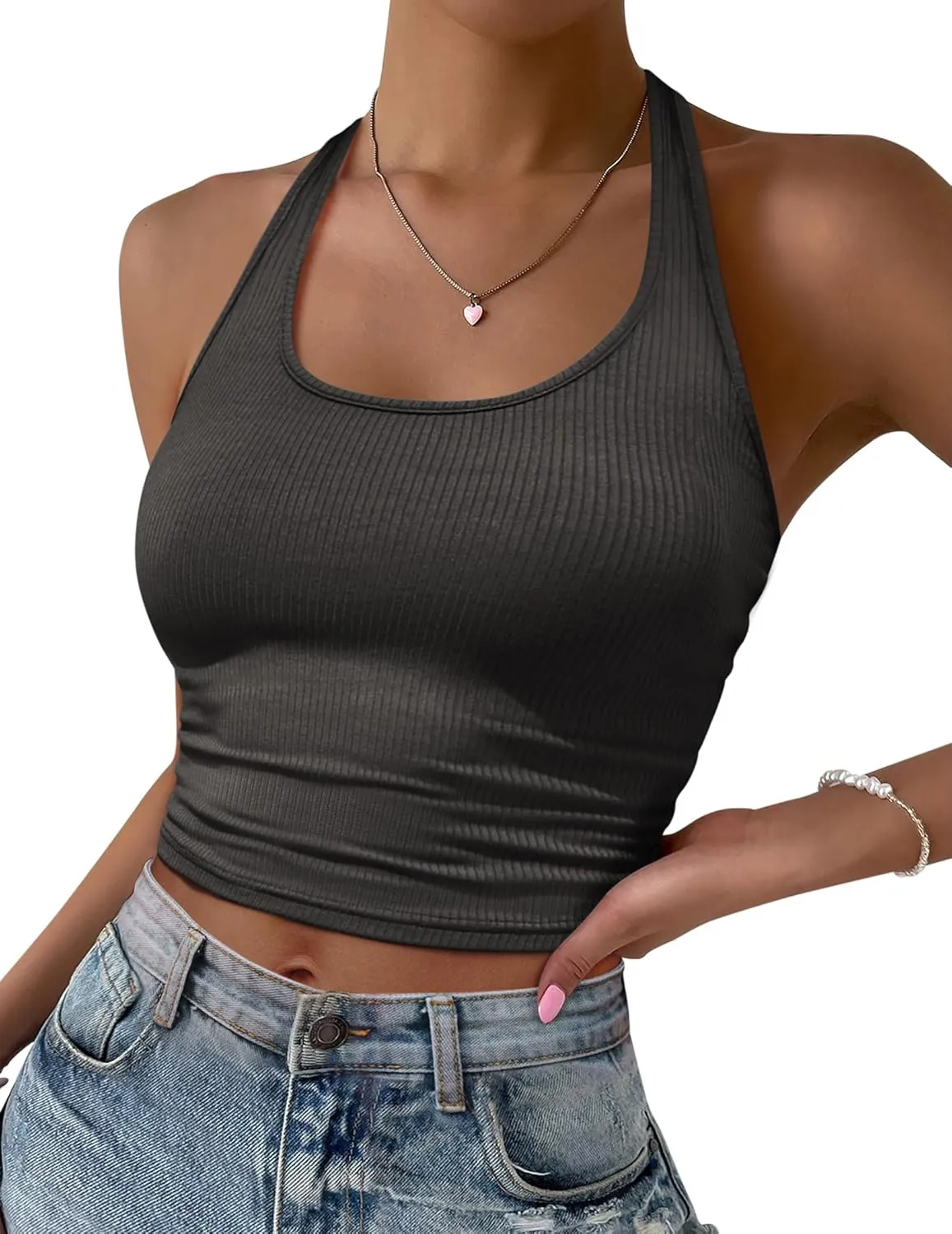 Ekouaer Women Halter Top Backless Scroop Neck Slim Stretchy Ribbed Knit Camisole Crop Tops S-XXL