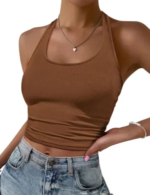 Ekouaer Women Halter Top Backless Scroop Neck Slim Stretchy Ribbed Knit Camisole Crop Tops S-XXL
