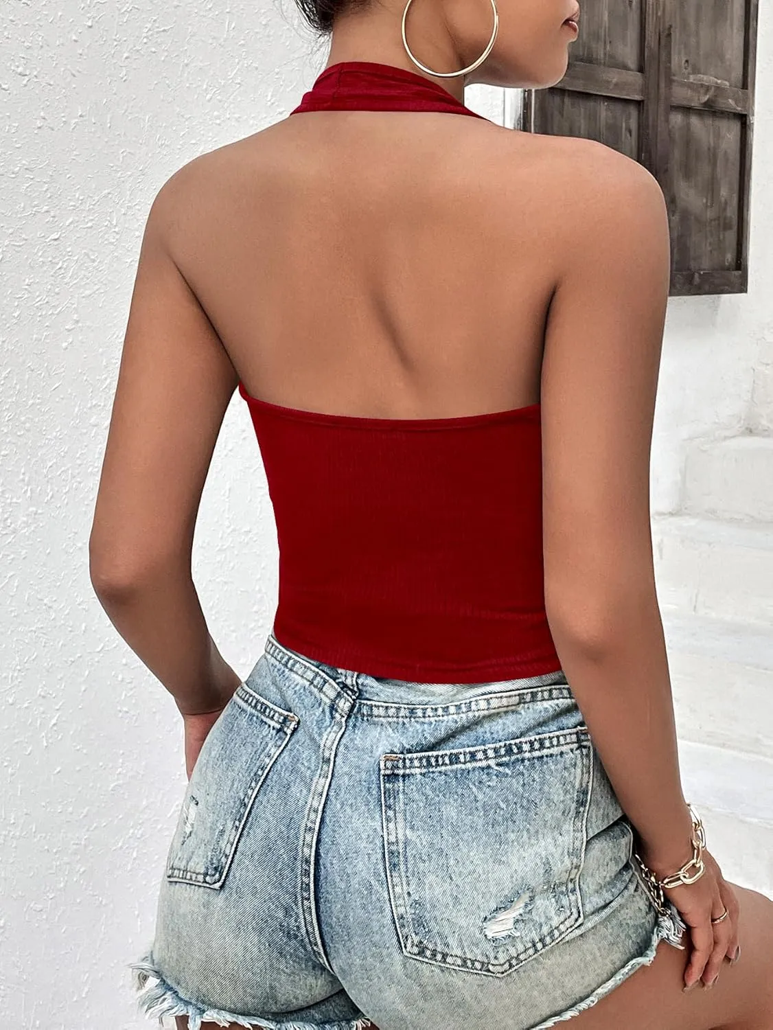 Ekouaer Women Halter Top Backless Scroop Neck Slim Stretchy Ribbed Knit Camisole Crop Tops S-XXL