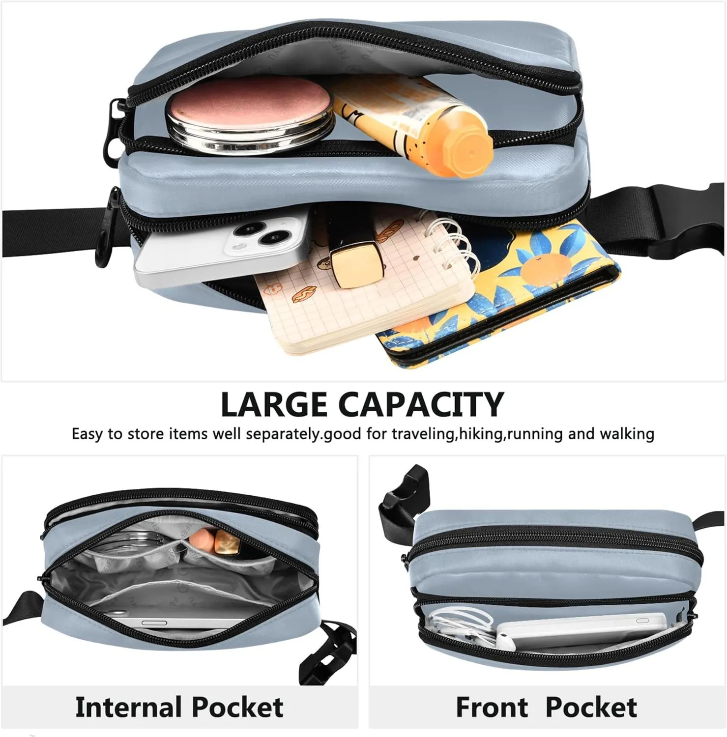 Elegant Blue Light Slate Gray Gradient Waterproof Fanny Pack for Women Hip Bag Belt Purse Pattern Travel Waist Pack for Men