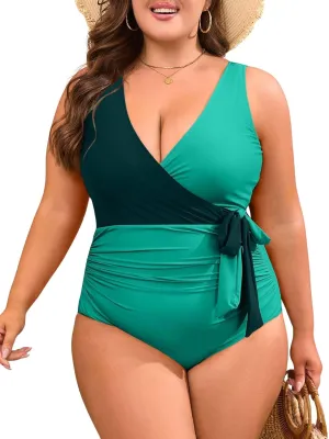 Eomenie Plus Size Swimsuit for Women Tummy Control One Piece Bathing Suit V Neck Color Block Tie Side Swimwear