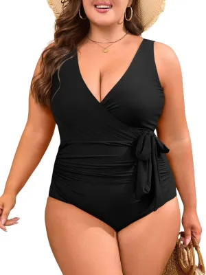 Eomenie Plus Size Swimsuit for Women Tummy Control One Piece Bathing Suit V Neck Color Block Tie Side Swimwear