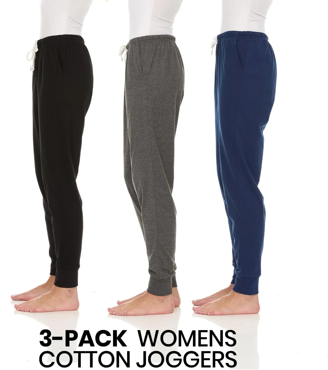 Essential Elements 3 Pack: Womens Cotton Joggers - 100% Cotton Lounge Athletic Casual Sleep Casual Pajama PJ Pants Sweatpants