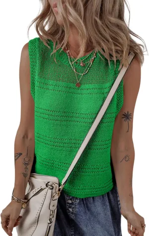 EVALESS Sweater Vest Women Cute Spring Summer Crewneck Knit Sleeveless Crochet Tops