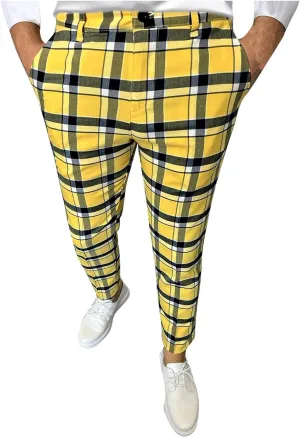 Finelylove Mens Dress Pants Slim Fit Flat Front Casual Plaid Pants Stretch Tapered Business Work Pants Chino Trousers
