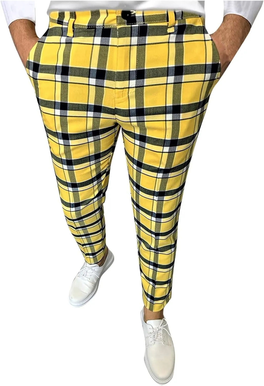 Finelylove Mens Dress Pants Slim Fit Flat Front Casual Plaid Pants Stretch Tapered Business Work Pants Chino Trousers