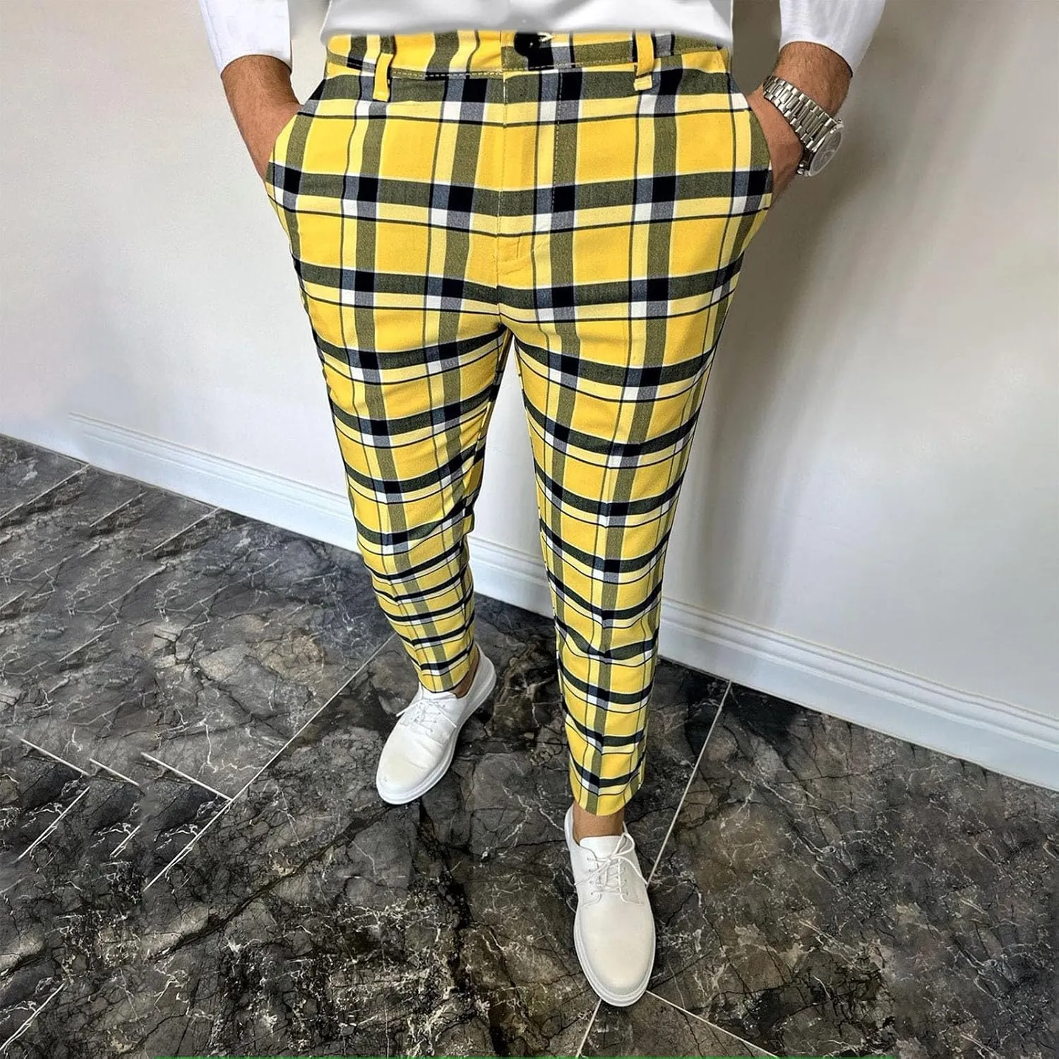 Finelylove Mens Dress Pants Slim Fit Flat Front Casual Plaid Pants Stretch Tapered Business Work Pants Chino Trousers