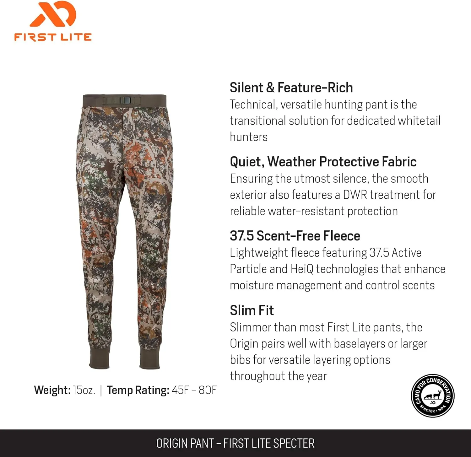 First Lite Mens Origin Pant - Lightweight Fleece Camo Hunting Pants