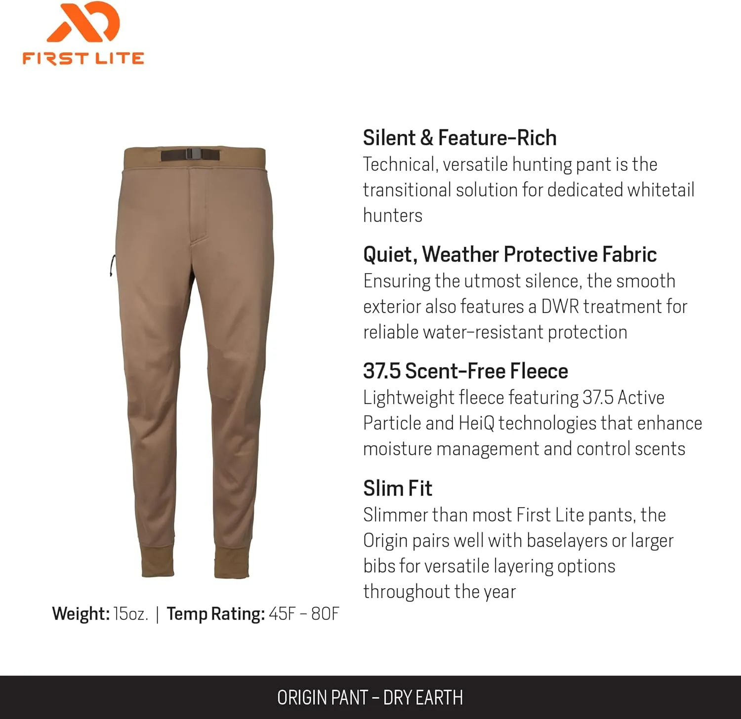 First Lite Mens Origin Pant - Lightweight Fleece Camo Hunting Pants