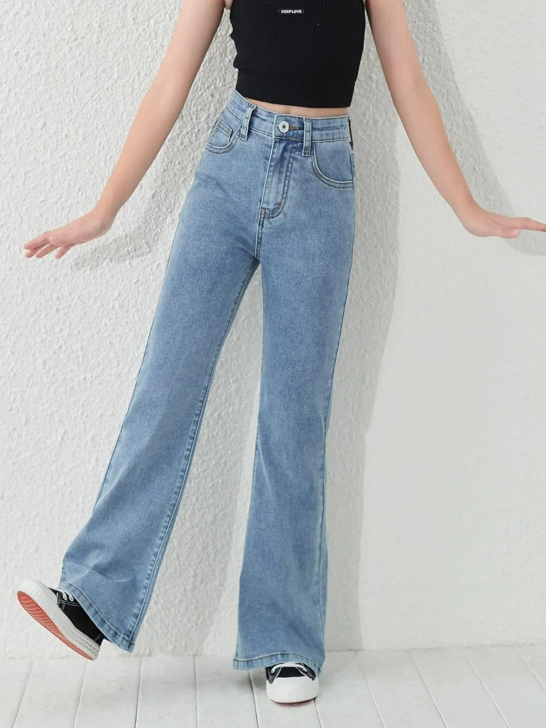 Floerns Girls Casual Denim Pants High Waist Flare Leg Jeans with Pocket
