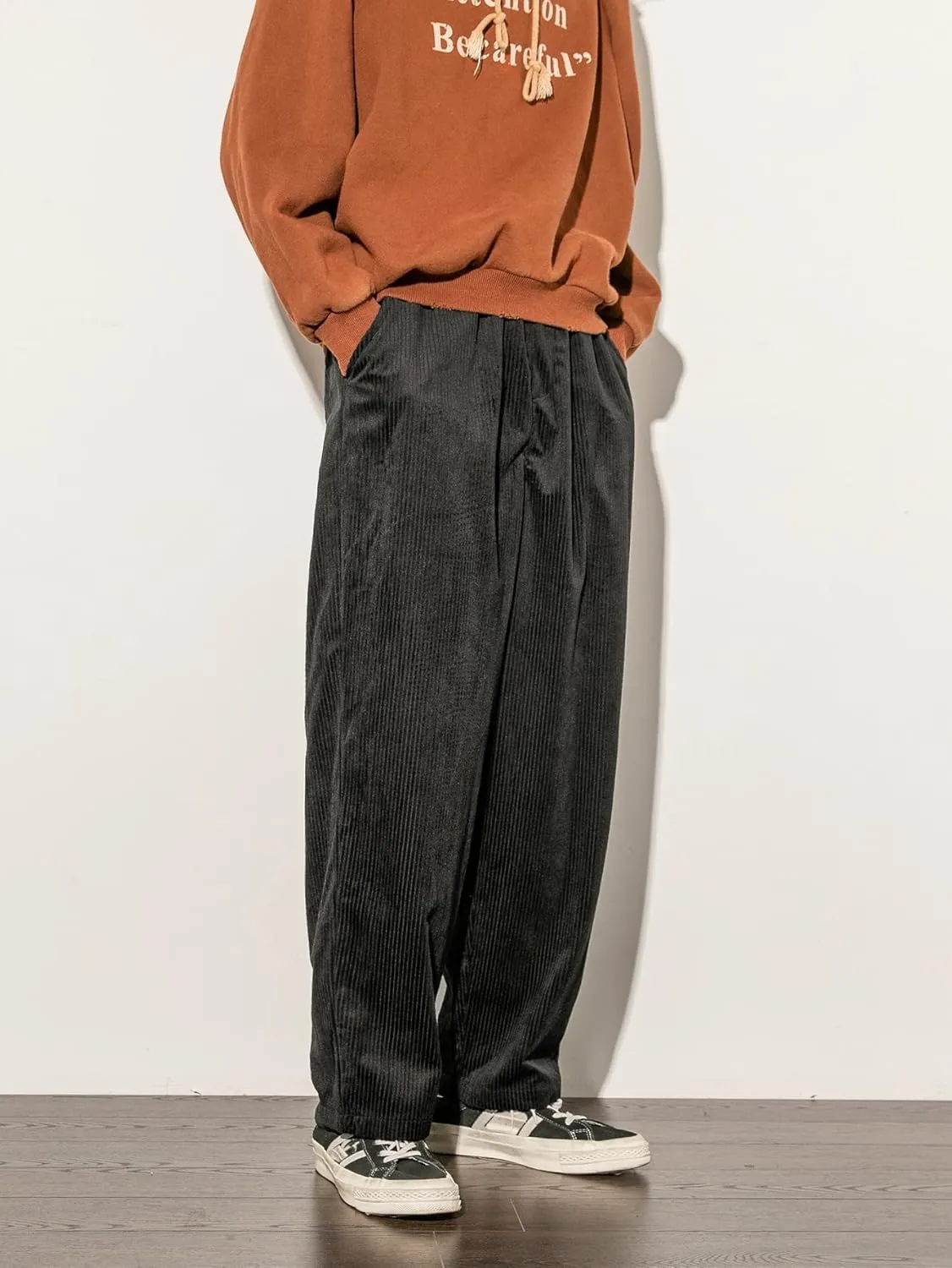 Floerns Men's Loose Fit Corduroy Elastic Waist Slant Pocket Straight Leg Pants