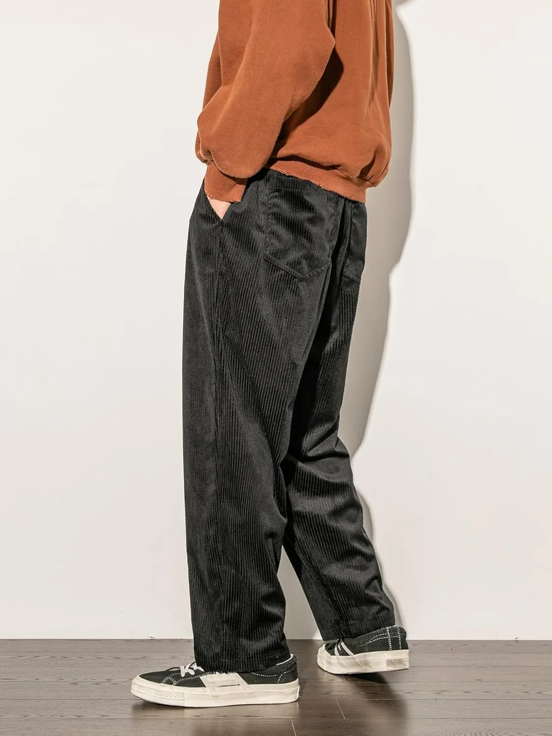 Floerns Men's Loose Fit Corduroy Elastic Waist Slant Pocket Straight Leg Pants