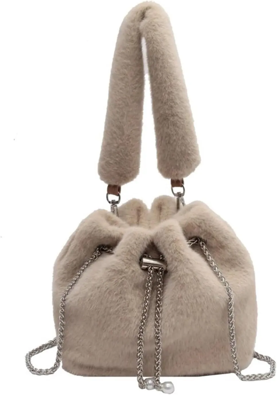 Fluffy Tote Bag Handle Tote Bags for Women Winter Bucket Bag Trend Small Soft Faux Fur Kawaii Handbags and Purse(White)