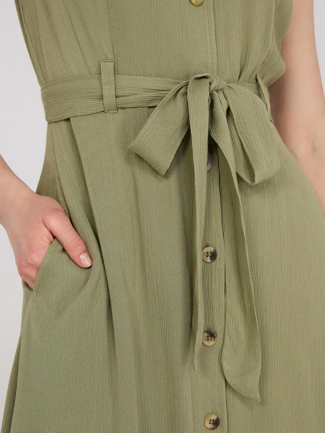 Flutter Sleeve Button-Front Midi Dress