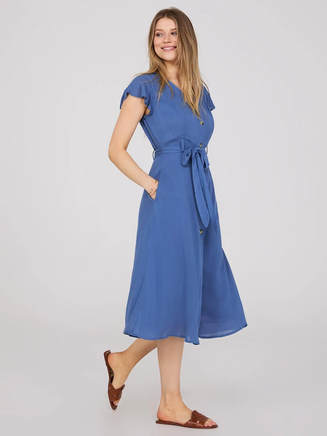 Flutter Sleeve Button-Front Midi Dress