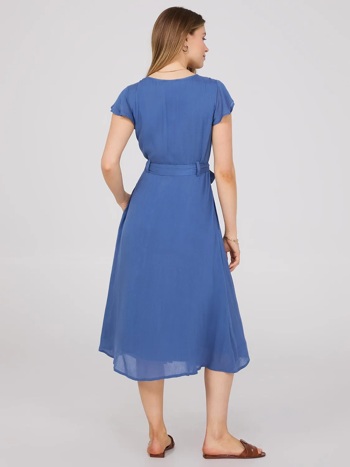 Flutter Sleeve Button-Front Midi Dress