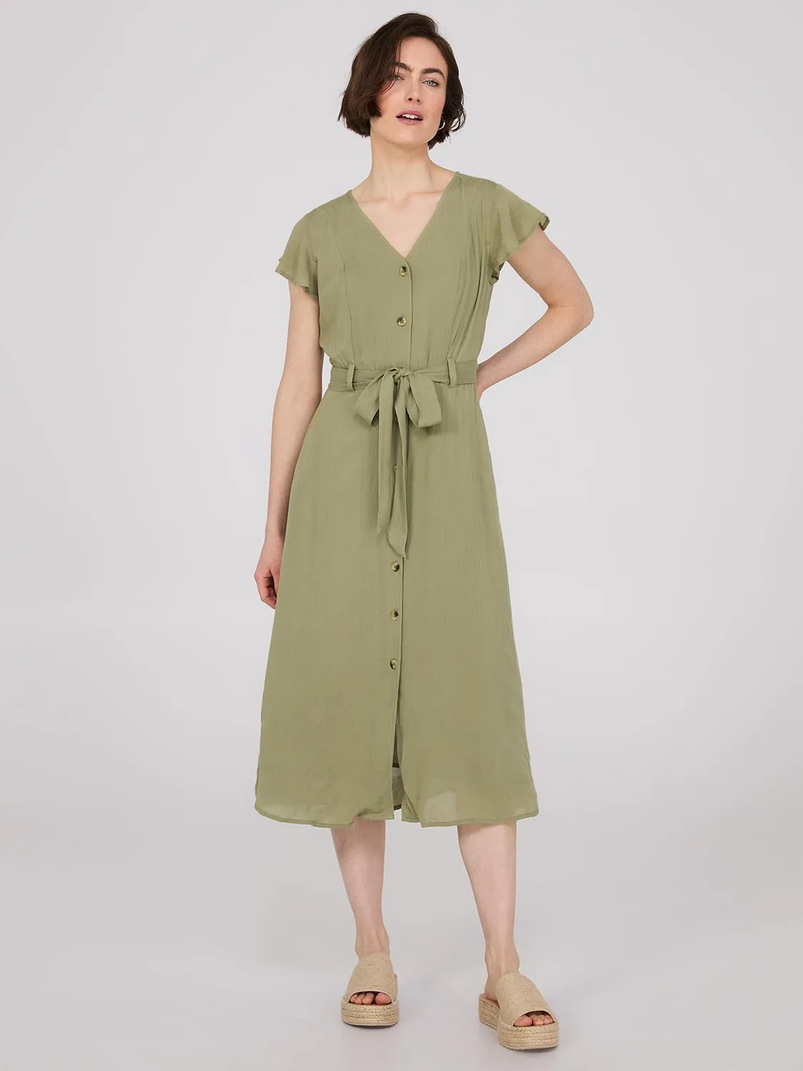 Flutter Sleeve Button-Front Midi Dress