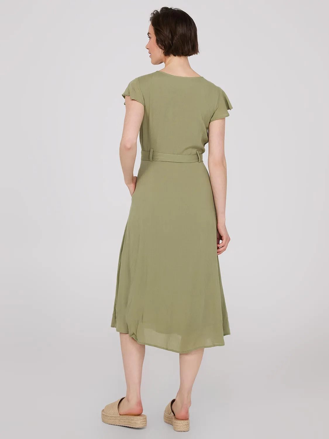 Flutter Sleeve Button-Front Midi Dress