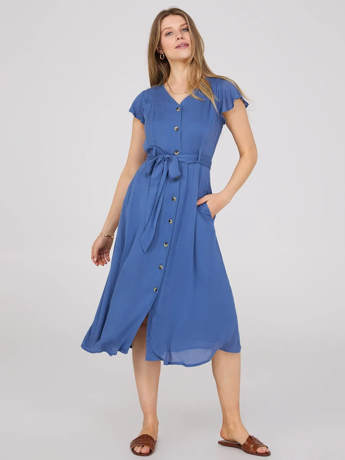 Flutter Sleeve Button-Front Midi Dress
