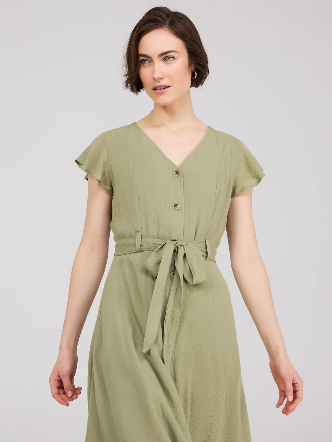 Flutter Sleeve Button-Front Midi Dress