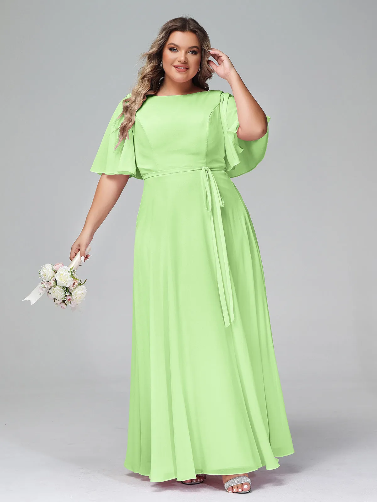 Flutter Sleeves Chiffon Max Dresses with Sash Bow-Sage Plus Size