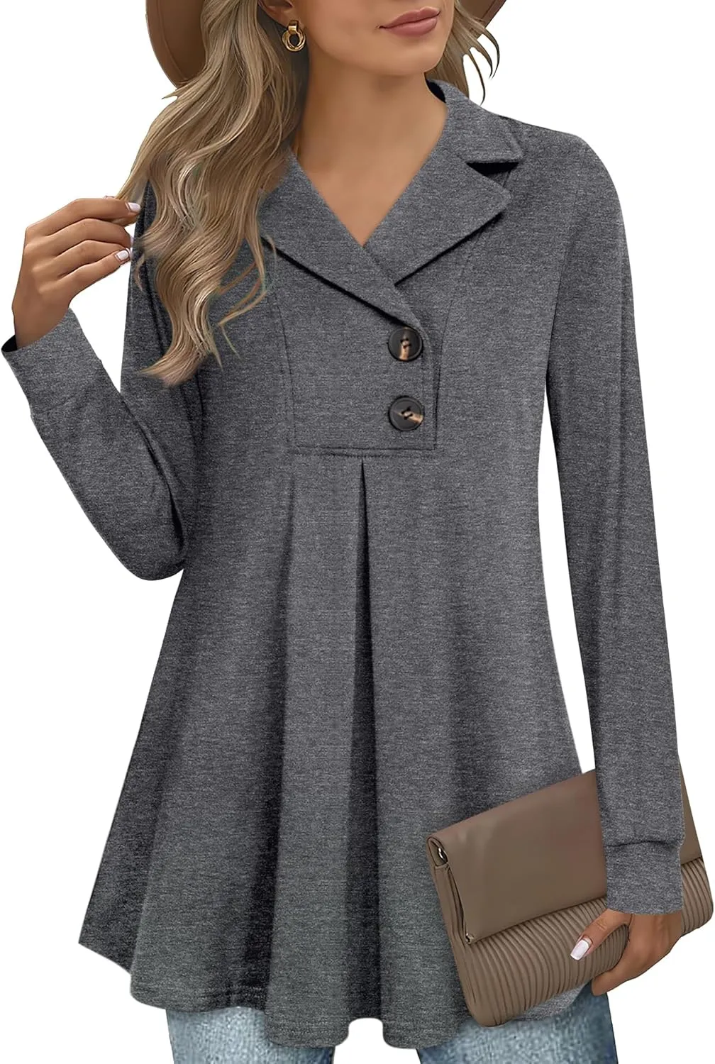 Gaharu Women's Swing Tunic Notch Collar Ladies Button Sweatshirt Long Sleeve Pullover Shirt Tops