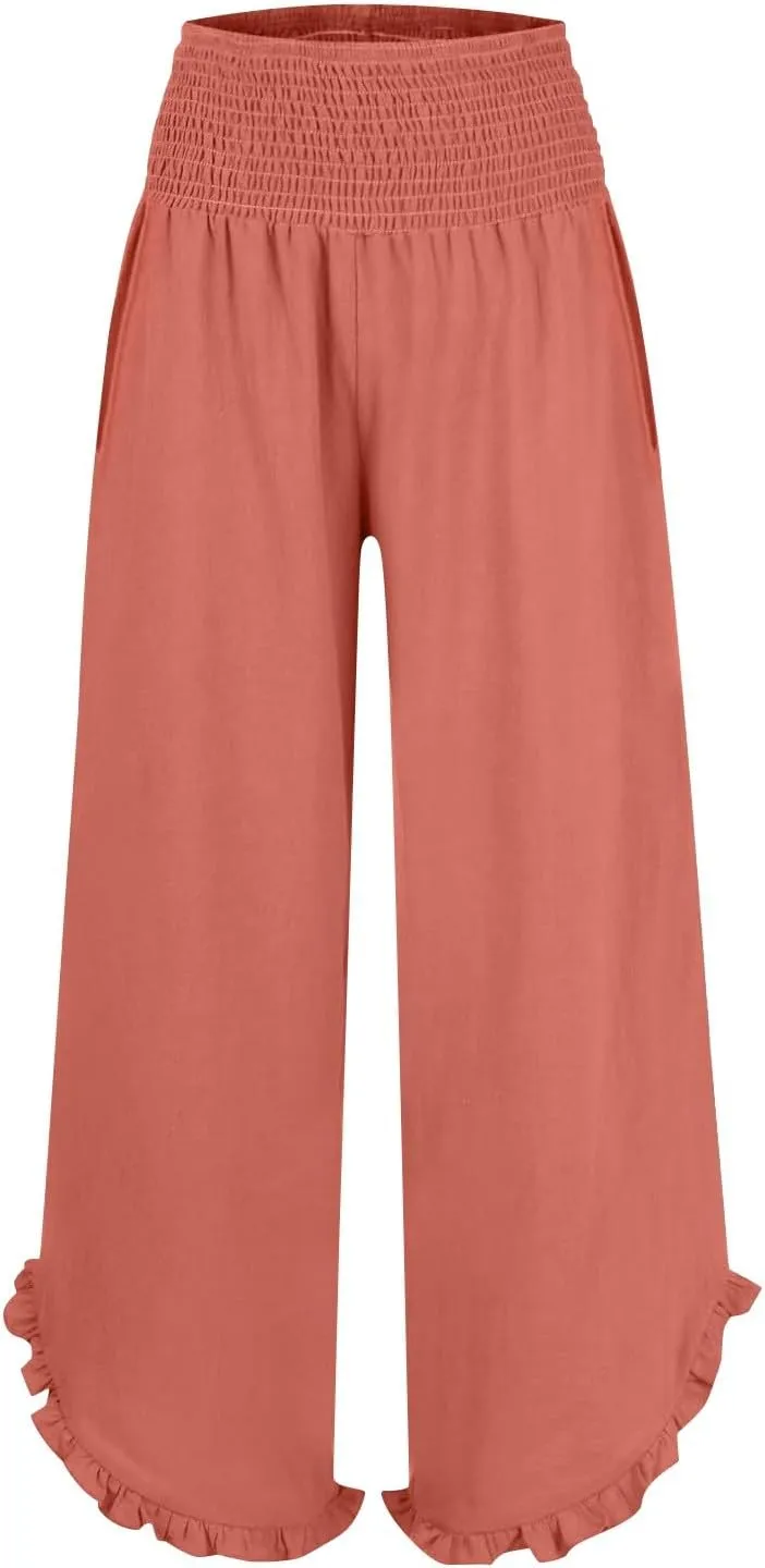 GOKKILRW Womens Linen Travel Pants Elastic High Waist Summer Casual Capri Pant Ruffle Wide Leg Lightweight Beach Crop Trouser