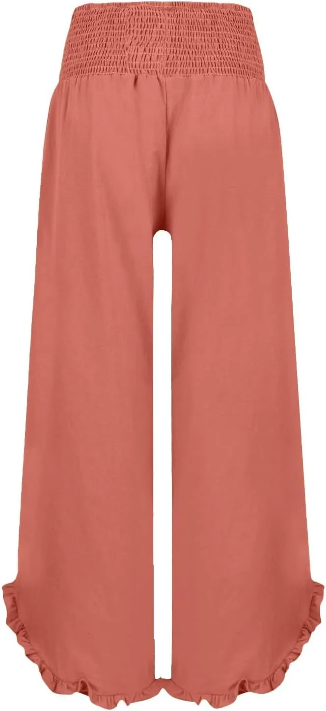 GOKKILRW Womens Linen Travel Pants Elastic High Waist Summer Casual Capri Pant Ruffle Wide Leg Lightweight Beach Crop Trouser