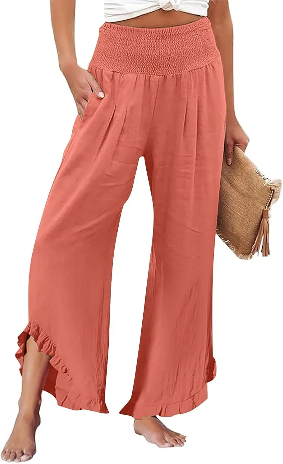 GOKKILRW Womens Linen Travel Pants Elastic High Waist Summer Casual Capri Pant Ruffle Wide Leg Lightweight Beach Crop Trouser