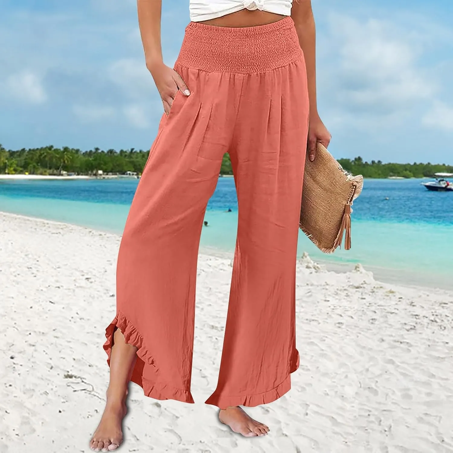 GOKKILRW Womens Linen Travel Pants Elastic High Waist Summer Casual Capri Pant Ruffle Wide Leg Lightweight Beach Crop Trouser