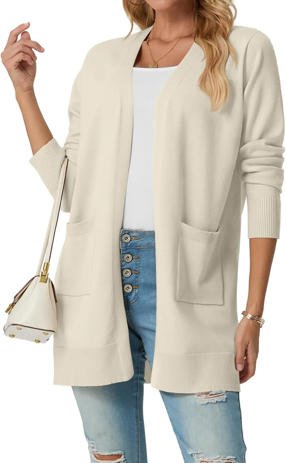 GRECERELLE Womens Lightweight Open Front Casual V-Neck Long Cardigan Sweater with Pockets, S-2XL