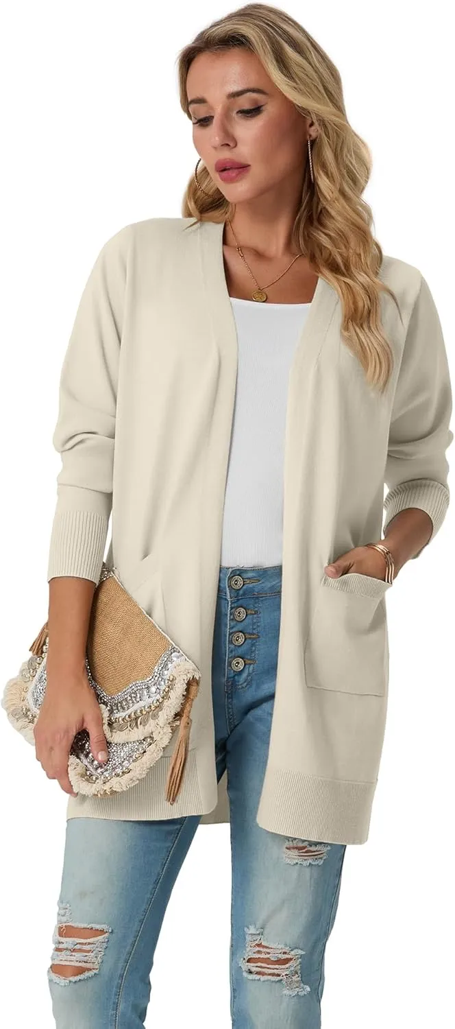 GRECERELLE Womens Lightweight Open Front Casual V-Neck Long Cardigan Sweater with Pockets, S-2XL