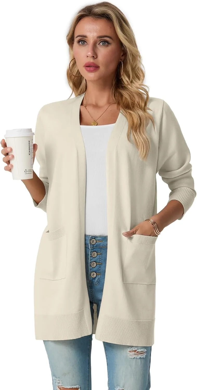 GRECERELLE Womens Lightweight Open Front Casual V-Neck Long Cardigan Sweater with Pockets, S-2XL